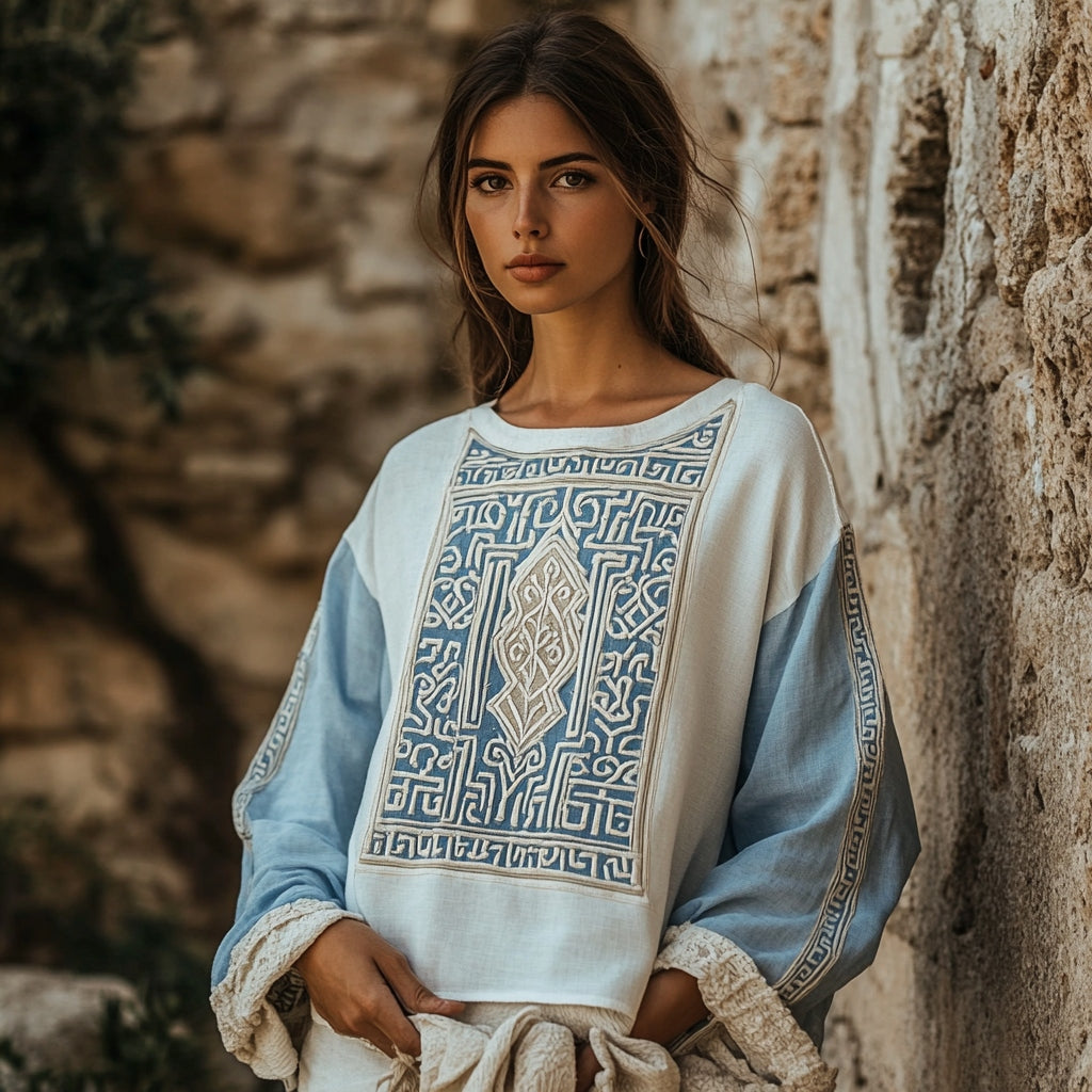 Vintage Greek Key Motif Patchwork Cotton Linen Contrast Shirt elevenforest