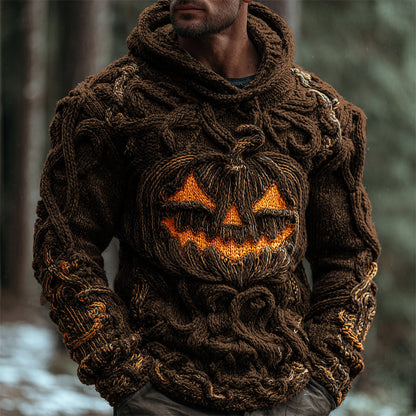 Halloween Pumpkin Emoji Men's Chunky Knit Hooded Sweater elevenforest