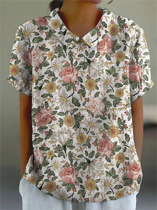 Retro Style Romantic French Garden Pattern Printed Women's Casual Cotton And Linen Shirt