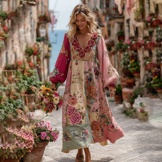 Women's Vintage Bohemian Floral And Rose Patchwork Linen Dress elevenforest