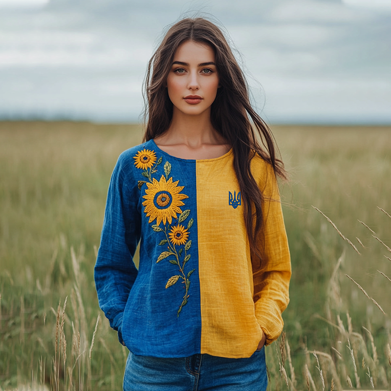 Ukraine Sunflower Embroidery Art Blend Linen Round Neck T-shirt elevenforest