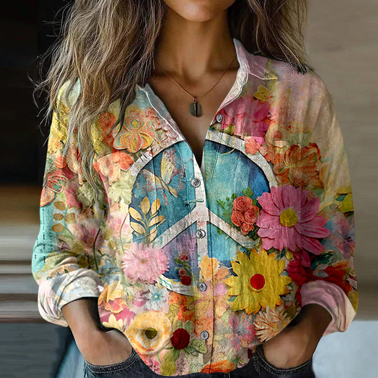 Vintage Hippie Vibe Peace And Love Hippie Floral Painting Art Linen Print  Long Sleeve Shirt elevenforest