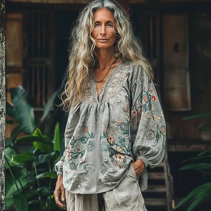 Bohemian Floral Linen Art Print Long Sleeve V-neck Shirt elevenforest