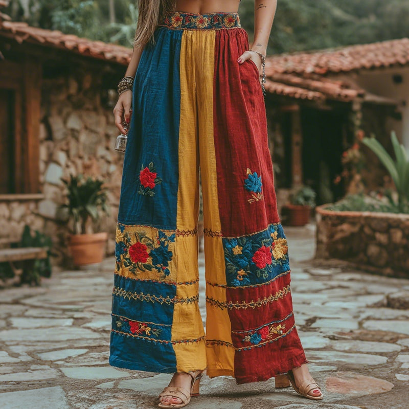 Women's Retro Free Venezuelan Floral Pattern Linen Blend Casual Pants elevenforest