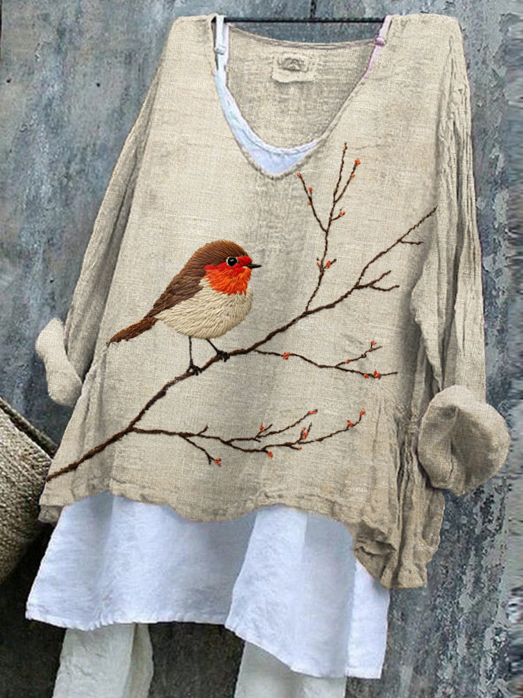 Women's Bird And Branch Embroidered Linen Blend Shirt elevenforest