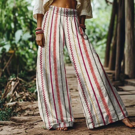 Vintage Bohemian Striped Art Women's Linen Blend Casual Pants elevenforest