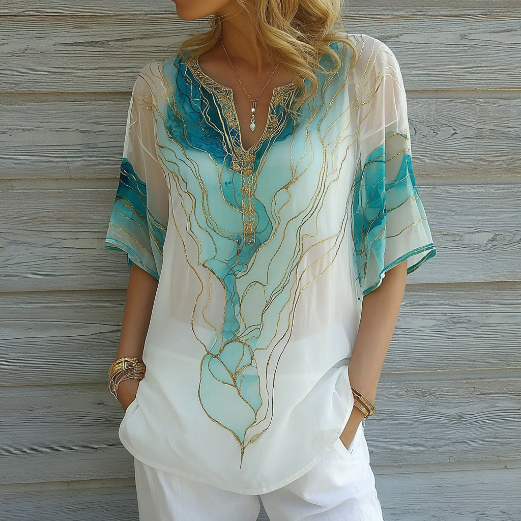 Vintage Marble Texture Collection Bohemia Women Style Gradient Gilded Pattern Linen Round Neck T-shirt elevenforest