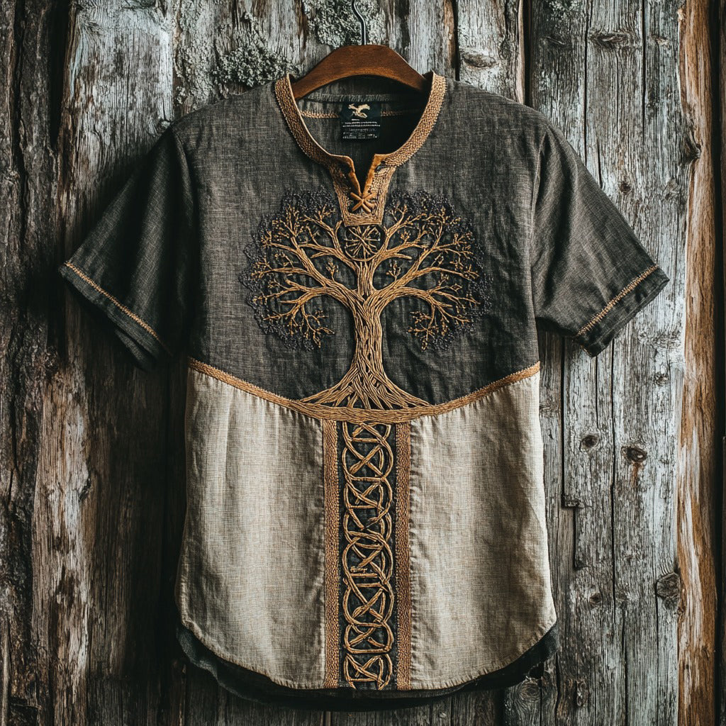 Men's Viking Tribal Tree Of Life Embroidery Celtic Art Linen T-shirt elevenforest