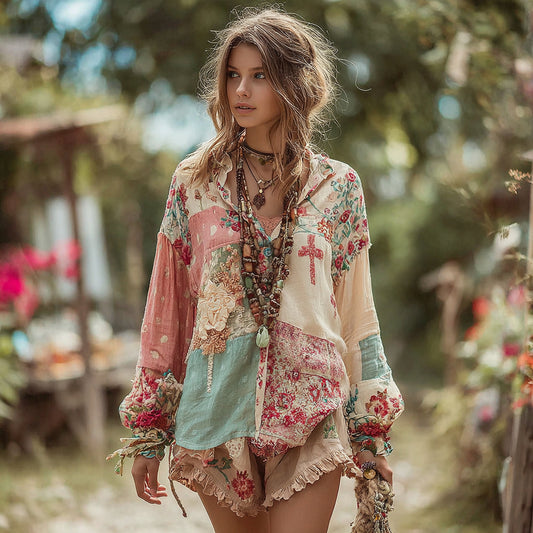 Women's Vintage Bohemian Floral And Cross Stitching Long Sleeve Shirt elevenforest