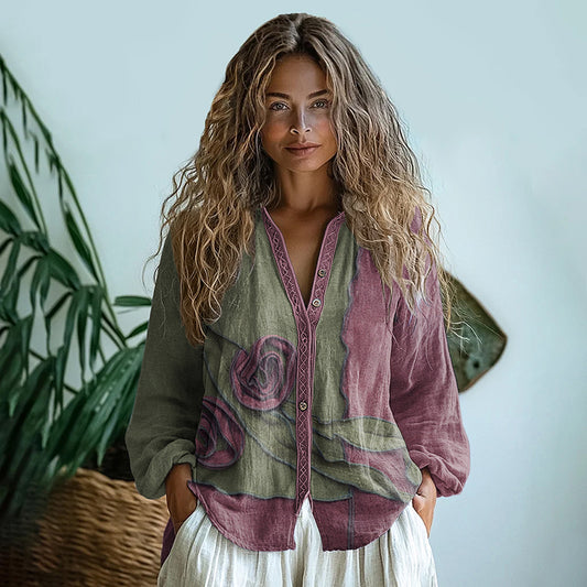 Bohemian Style Linen Vintage Floral Art Print Long Sleeve Shirt elevenforest