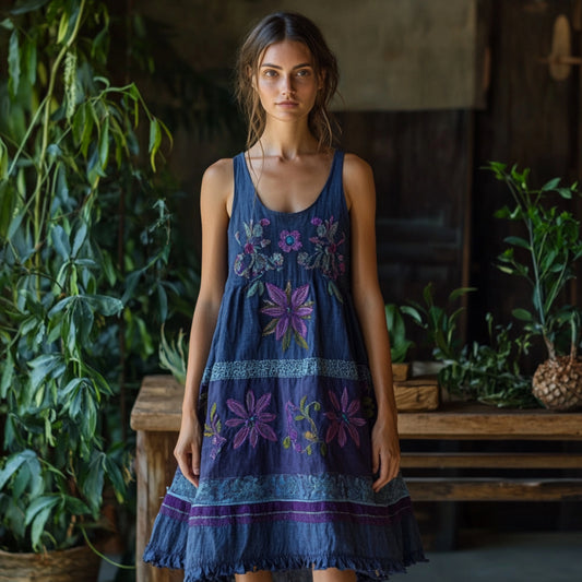 Vintage Bohemian Floral Embroidery Linen Mini Dress elevenforest