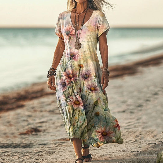 Comstylish Vintage Daisy Print V-neck Short Sleeved Linen Blend Midi Dress