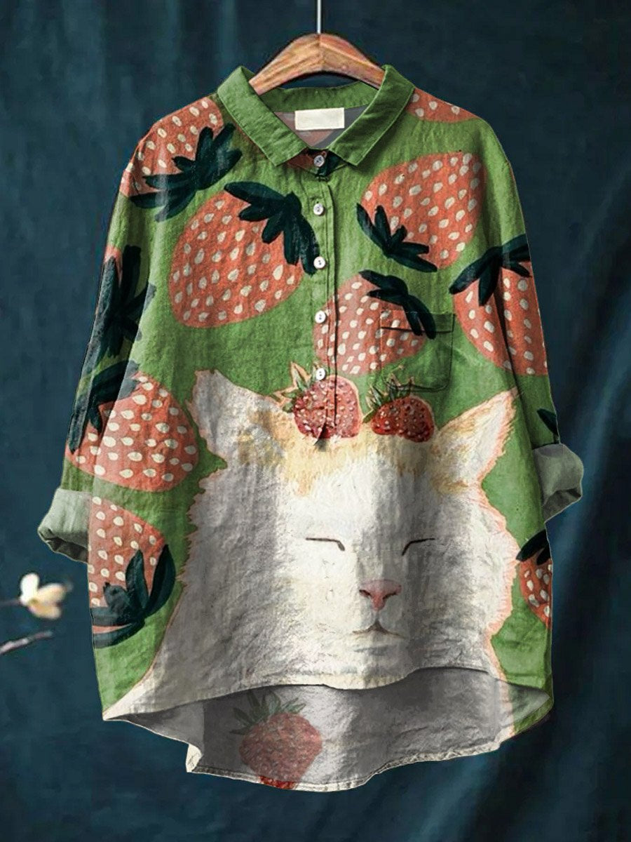 Vintage Lovely Cat Strawberry Art Print Casual Cotton And Linen Shirt