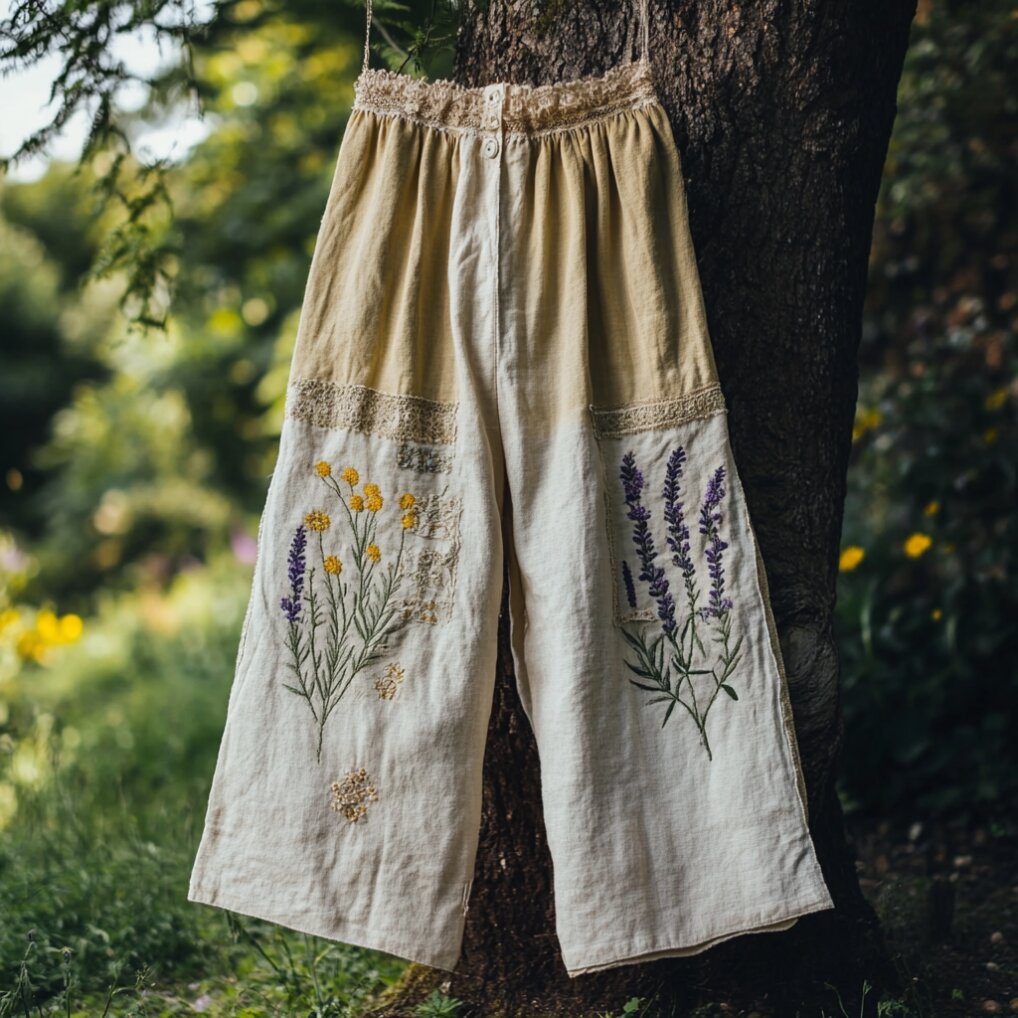 Women's Floral Lace Linen Comfort Casual Pants elevenforest