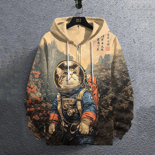 Men's Japanese Astronaut Cat Adventure Casual Hooded Coat elevenforest
