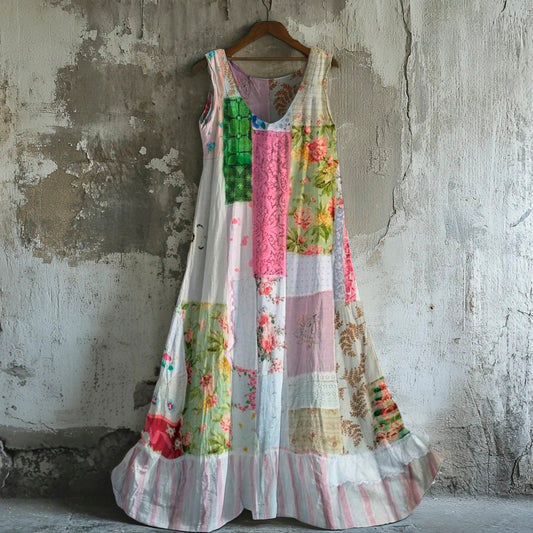 Boho Vintage Floral Women's Linen Vest Maxi Dress elevenforest