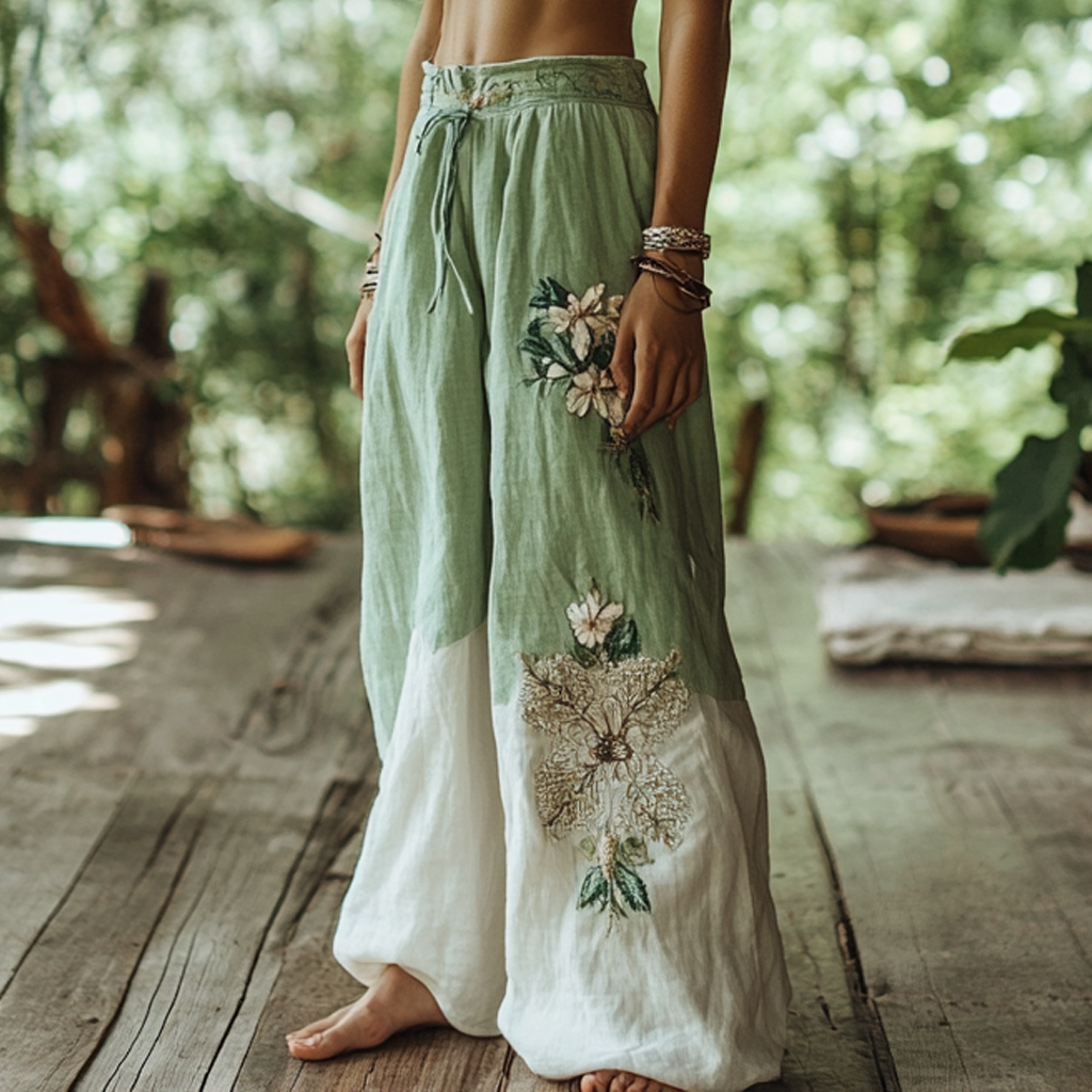 Vintage Bohemian Forest Floral Art Printed Cotton Linen Wide Leg Pants elevenforest