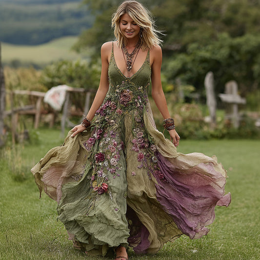 Vintage Floral Embroidery Linen Maxi Dress elevenforest