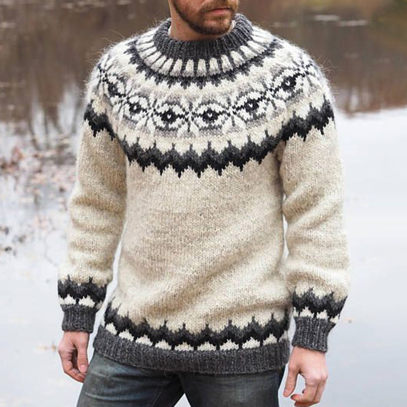 Vintage Beige Knitted Jacquard Iceland Crew Neck Sweater elevenforest