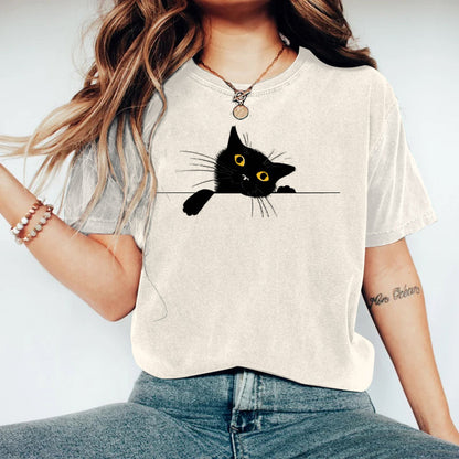 Women's Abstract Creative Cute Black Cat Art Print T-shirt elevenforest
