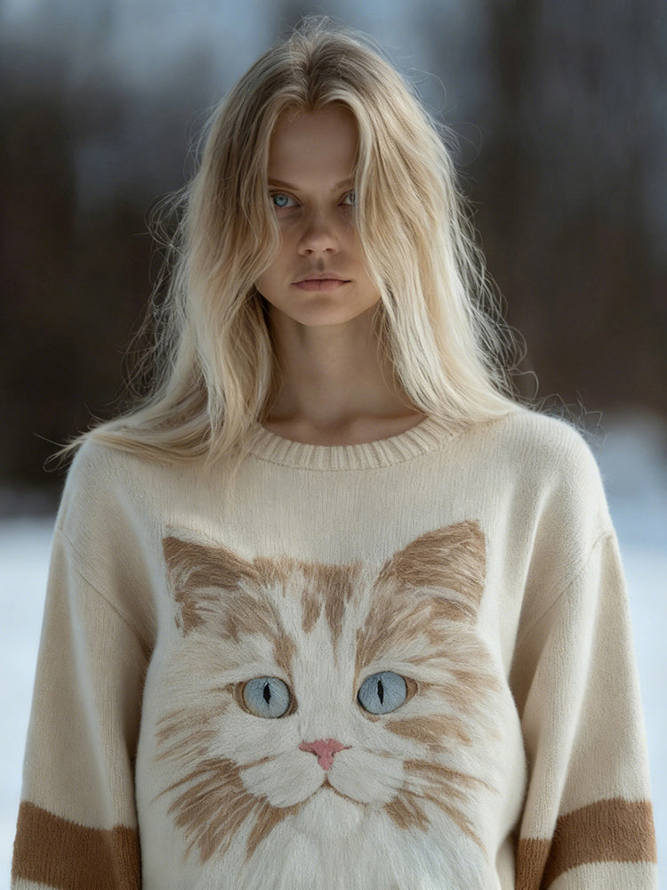 Lovely Cat Face Pattern Round Neck Cozy Knit Sweater elevenforest