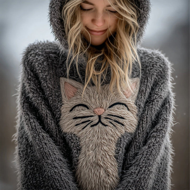 Smiling Fuzzy Cat Embroidered Cozy Hooded Sweater elevenforest