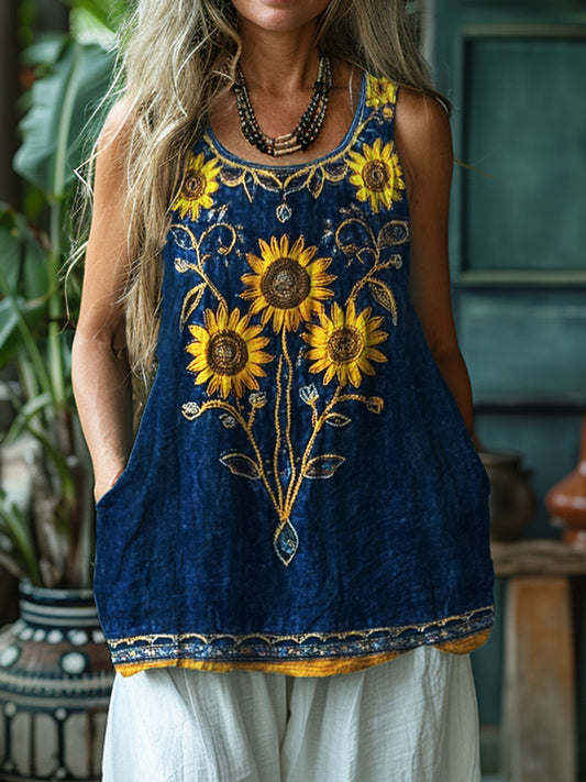 Boho Sunflowers Beaded Embroidered Linen Tank Top elevenforest