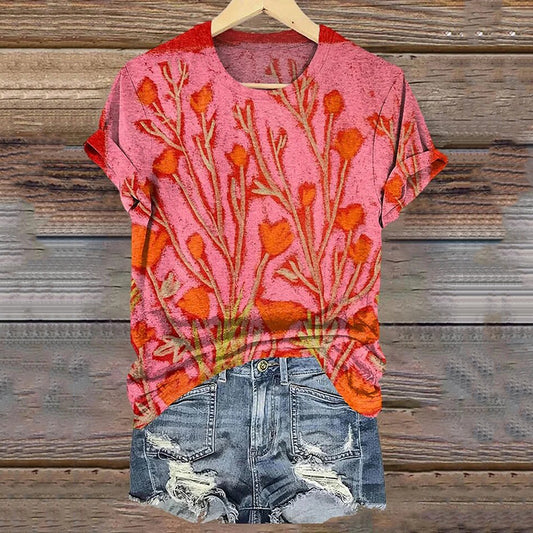 Comstylish Vintage Floral Art Print Cotton Crew Tee