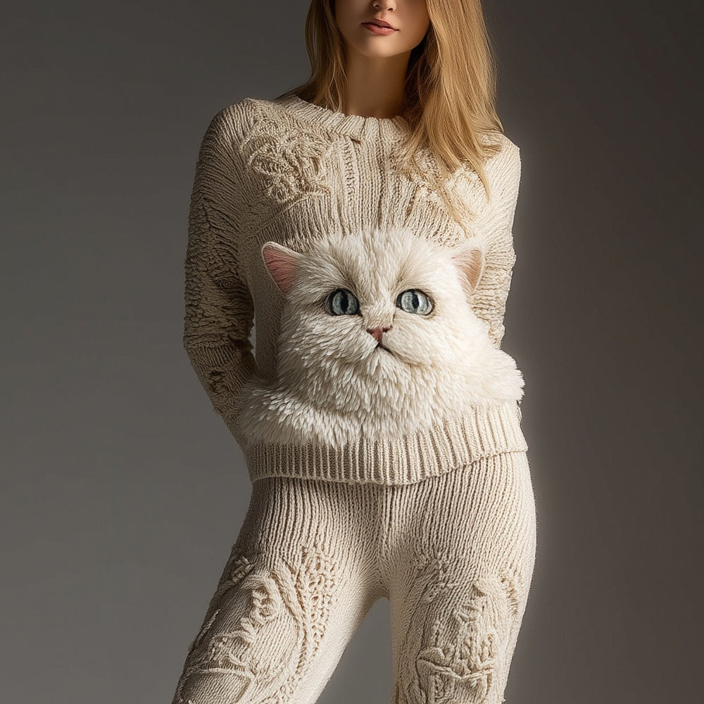 Cute Fuzzy Cat Face Embroidered Cozy Knit Sweater elevenforest