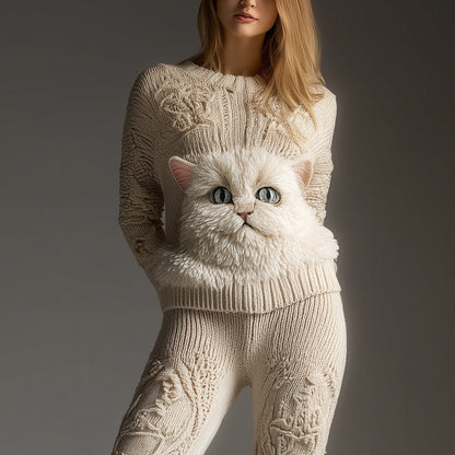 Cute Fuzzy Cat Face Embroidered Cozy Knit Sweater elevenforest