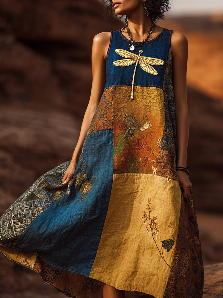 Boho Floral & Dragonfly Print Women's Linen Vest Midi Dress elevenforest