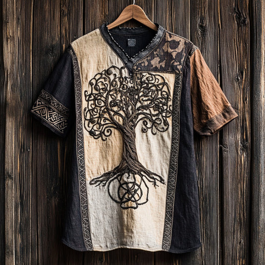 Men's Viking Tribal Tree Of Life Patchwork Design Linen T-shirt elevenforest