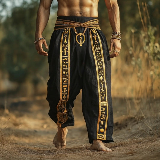 Egyptian Gold Totem Embroidered Men's Linen Trousers elevenforest