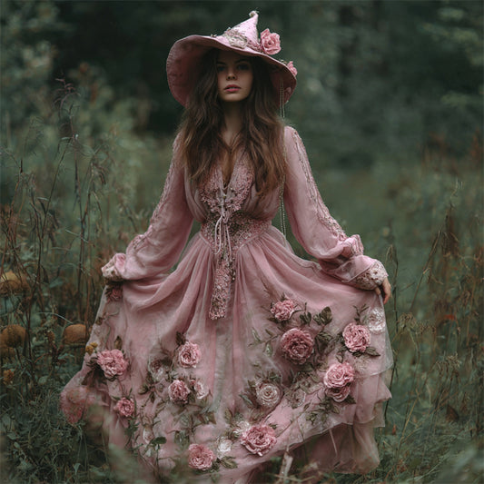 Vintage Pink Witch Roses Fiber Art Flowy Linen Dress elevenforest