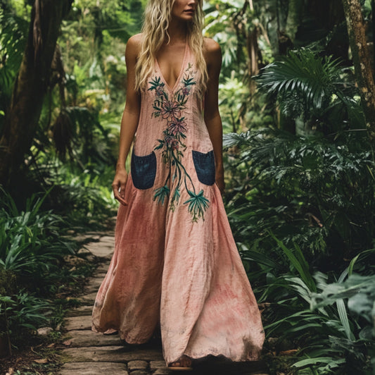 Bohemian Floral Embroidery Sleeveless  Cozy Linen Maxi Dress elevenforest