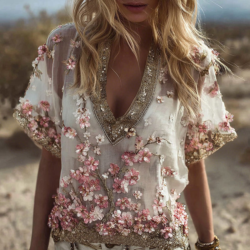 Bohemian Style Sakura Diamond Embroidery Vintage Short-sleeved Shirt elevenforest