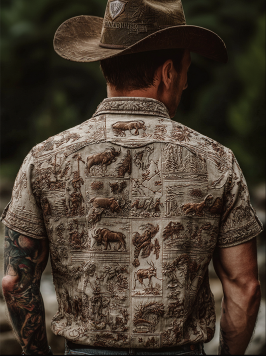 Western Cowboy Style Animal Elements Retro Cotton And Linen Men's Shirt elevenforest