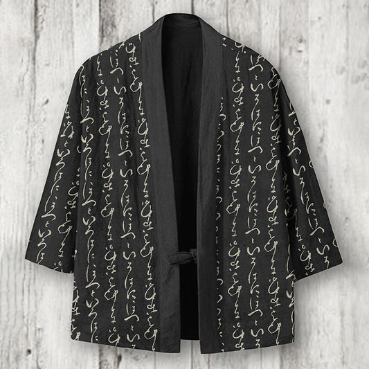 Japanese Calligraphy Print Linen Blend Kimono Cardigan elevenforest
