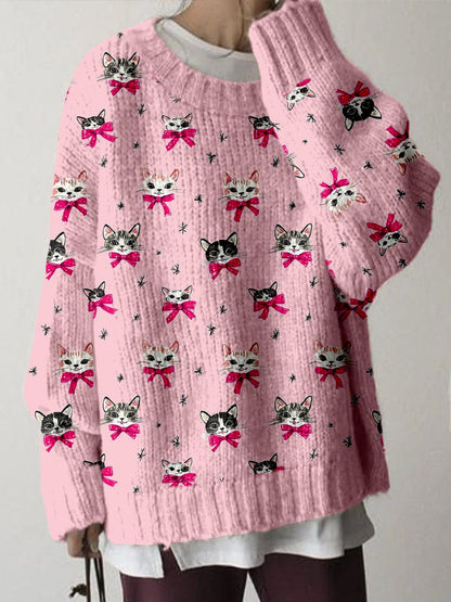 Comstylish Cute Christmas Cat Pattern Cozy Knit Sweater