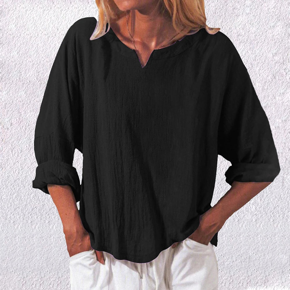 Comstylish Casual Loose V-Neck Linen Long Sleeved Blouse
