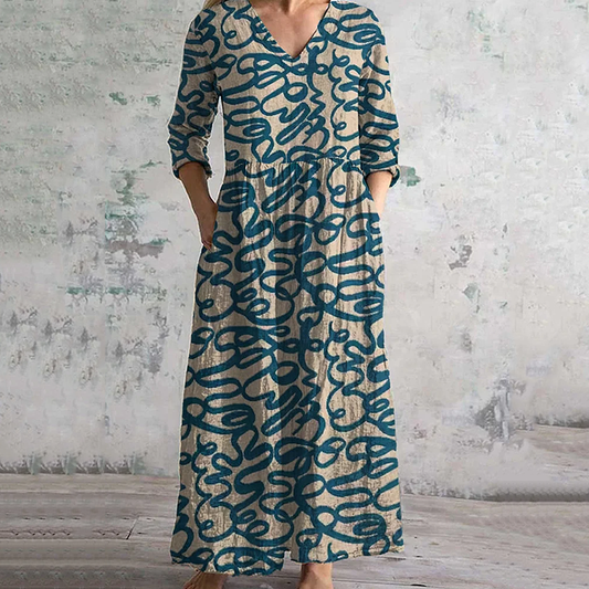 Vintage Irregular Chaotic Blue Lines Contrast Colors Art Pattern Women's Linen Dress elevenforest