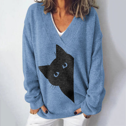 Women's Peek-A-Boo Hiding Black Cat Art Printed Light Sweater elevenforest