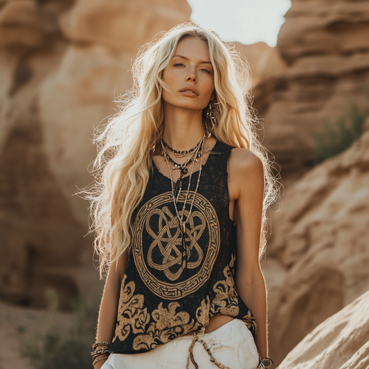 Women's Viking Tribal  Ethnic With Celtic Knot Pattern Art Linen  Sleeveless Top elevenforest