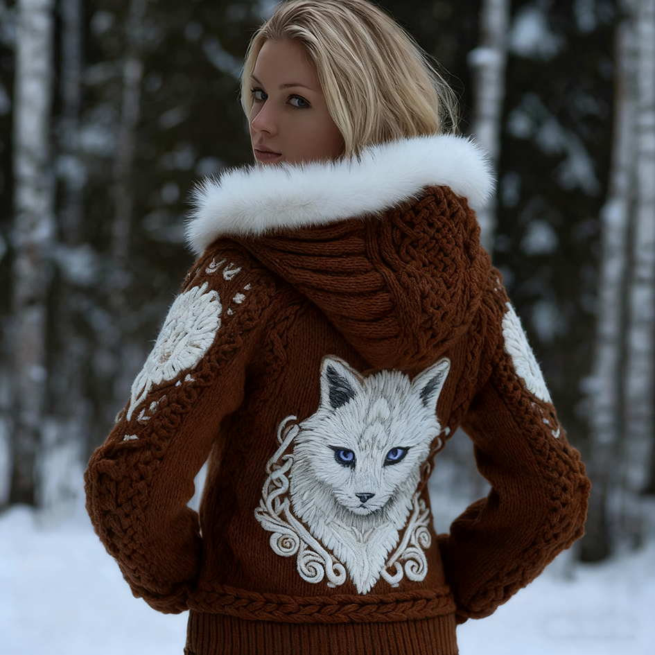 Viking Retro Style Cat Embroidery Pattern Women's Knit Hooded Sweater Jacket elevenforest