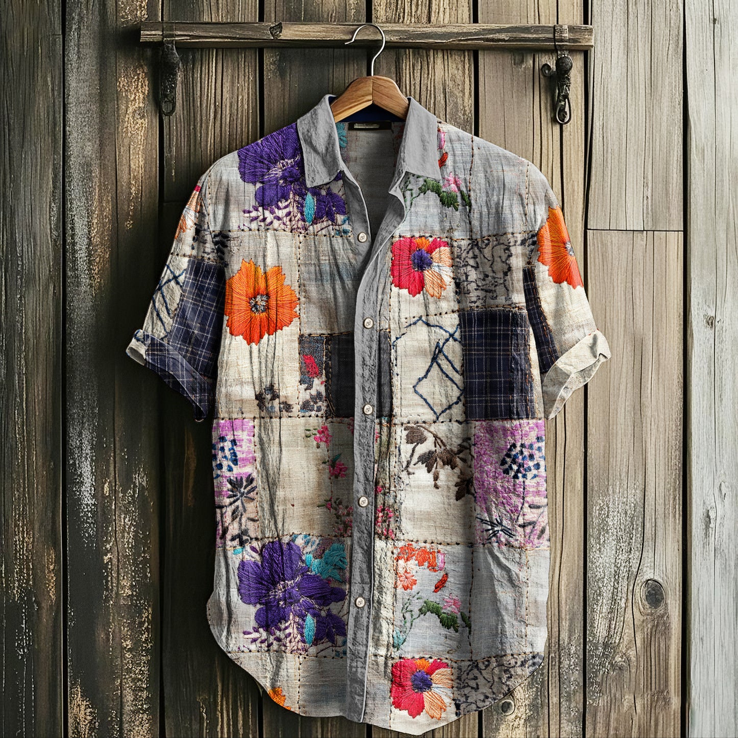 Men's Retro Floral Patchwork Art Linen Shirt elevenforest