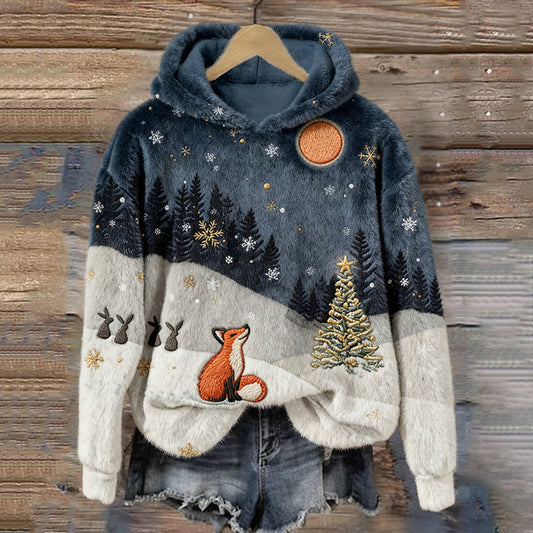 Comstylish Forest Snow Fox Christmas Tree Plush Hooded Sweater