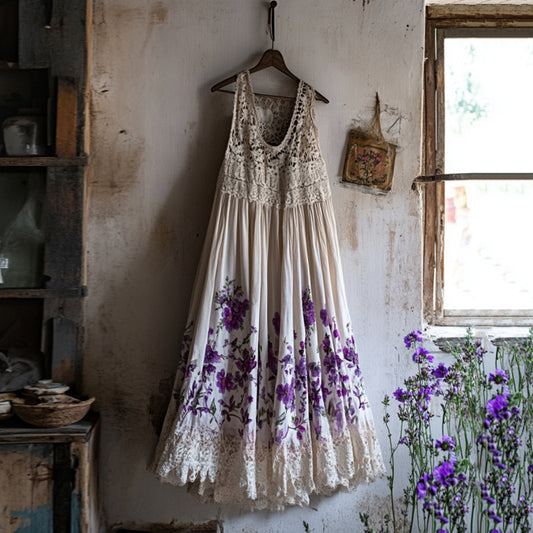 Boho Lavender Embroidered Lace Linen Dress elevenforest