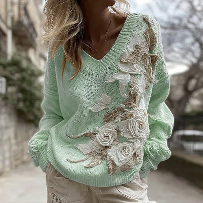 Women's White Rose Knitted Warm V-neck Sweater elevenforest