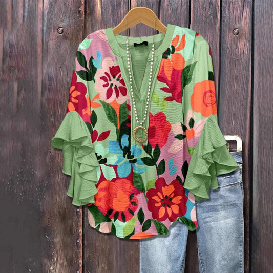 Comstylish Floral Print V-neck Ruffle Blouse