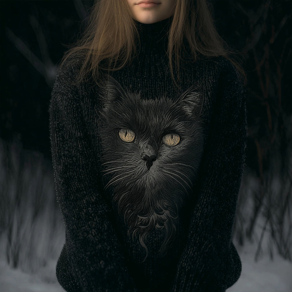 Cute Black Cat Face Pattern Knit Turtleneck Sweater elevenforest